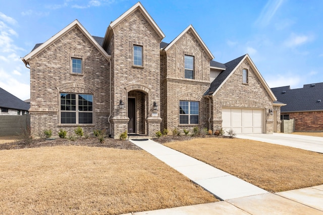 view of front facade with a garage, driveway, brick siding, fence, and a front yard