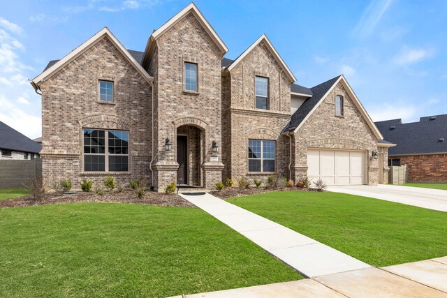 view of front of property with fence, concrete driveway, a front yard, and brick siding