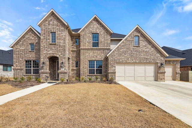 view of front facade with concrete driveway, brick siding, and an attached garage