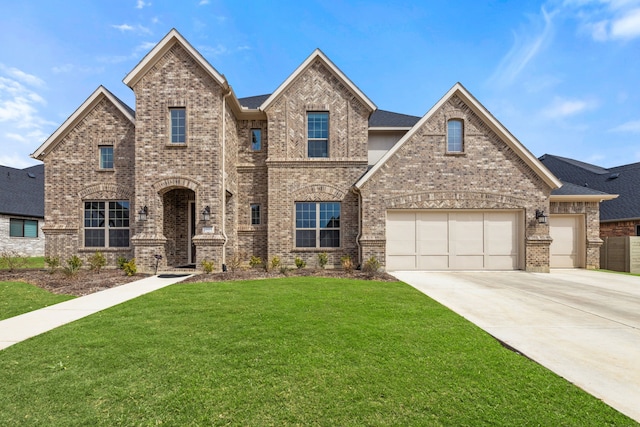 view of front of home with an attached garage, concrete driveway, a front lawn, and brick siding
