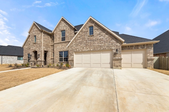 view of front facade featuring driveway, brick siding, an attached garage, and a shingled roof