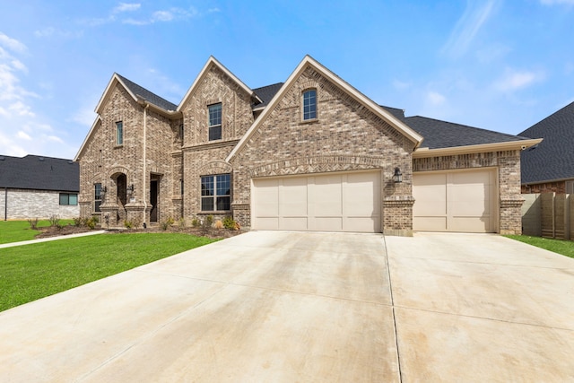 view of front of home featuring roof with shingles, brick siding, a front lawn, concrete driveway, and an attached garage