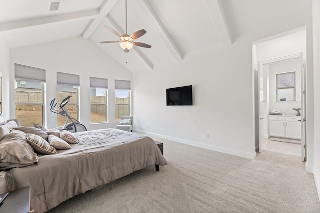 bedroom featuring baseboards, visible vents, light colored carpet, high vaulted ceiling, and beam ceiling