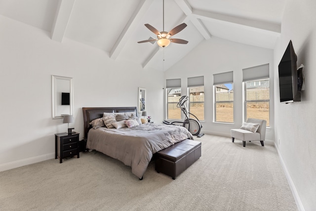 bedroom featuring high vaulted ceiling, carpet flooring, a ceiling fan, baseboards, and beamed ceiling