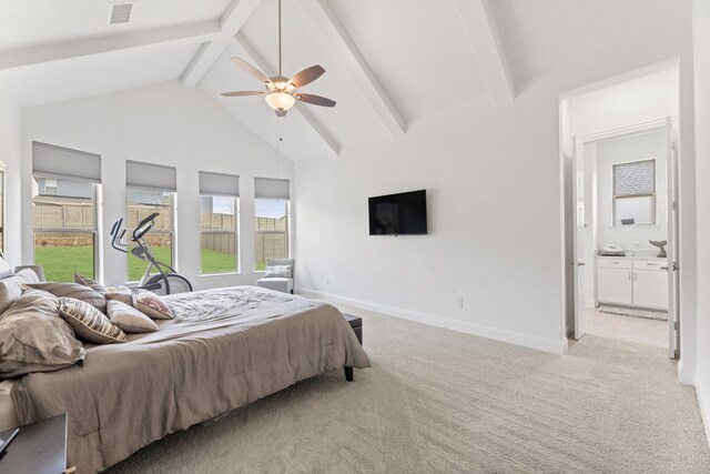 bedroom featuring visible vents, baseboards, light colored carpet, and beamed ceiling