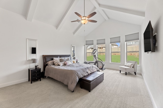 bedroom featuring carpet floors, baseboards, beam ceiling, and high vaulted ceiling