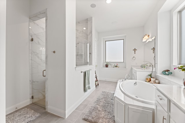 full bathroom featuring baseboards, a marble finish shower, a bath, and vanity