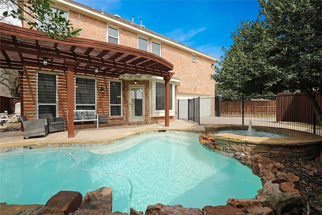 view of pool featuring a fenced in pool, a patio, a pergola, and fence