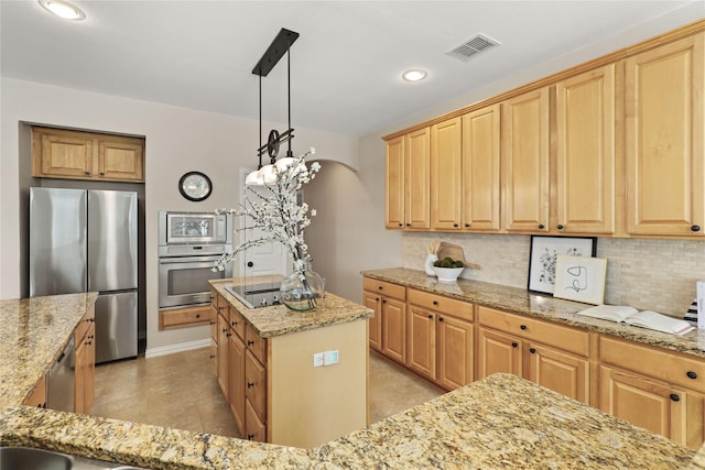 kitchen with light stone countertops, visible vents, arched walkways, decorative backsplash, and appliances with stainless steel finishes