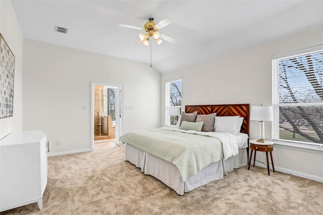 bedroom with multiple windows, light colored carpet, visible vents, and baseboards