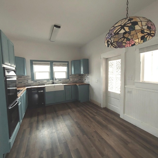 kitchen featuring tasteful backsplash, plenty of natural light, dark wood-style flooring, and a sink