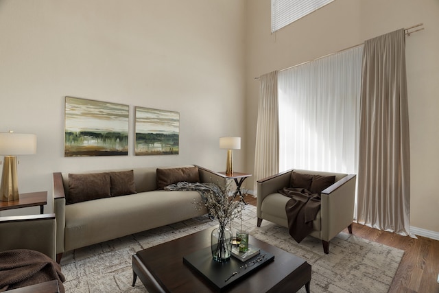 living room with a high ceiling and wood finished floors