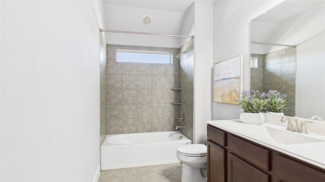 bathroom featuring vanity, bathtub / shower combination, toilet, and tile patterned floors