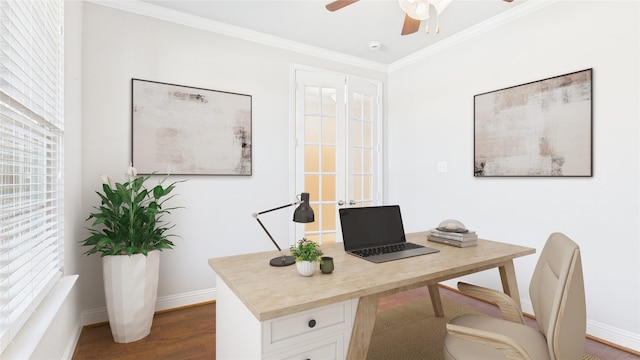 office with dark wood-type flooring, crown molding, baseboards, and ceiling fan