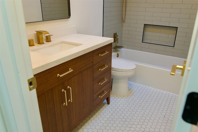 full bath featuring shower / tub combination, tile patterned flooring, vanity, and toilet