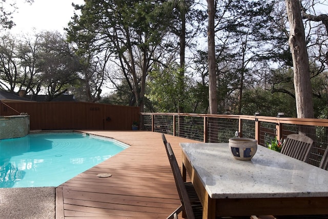 view of swimming pool featuring a deck and a fenced in pool