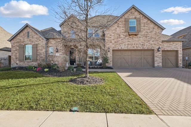 french country inspired facade with decorative driveway, brick siding, and a front lawn