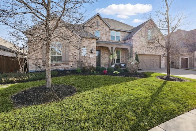 view of front of home featuring a garage, a front yard, brick siding, and driveway