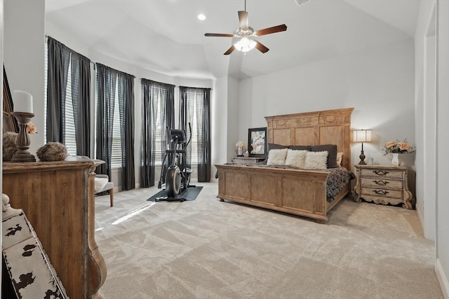 bedroom featuring a ceiling fan, recessed lighting, light carpet, and vaulted ceiling