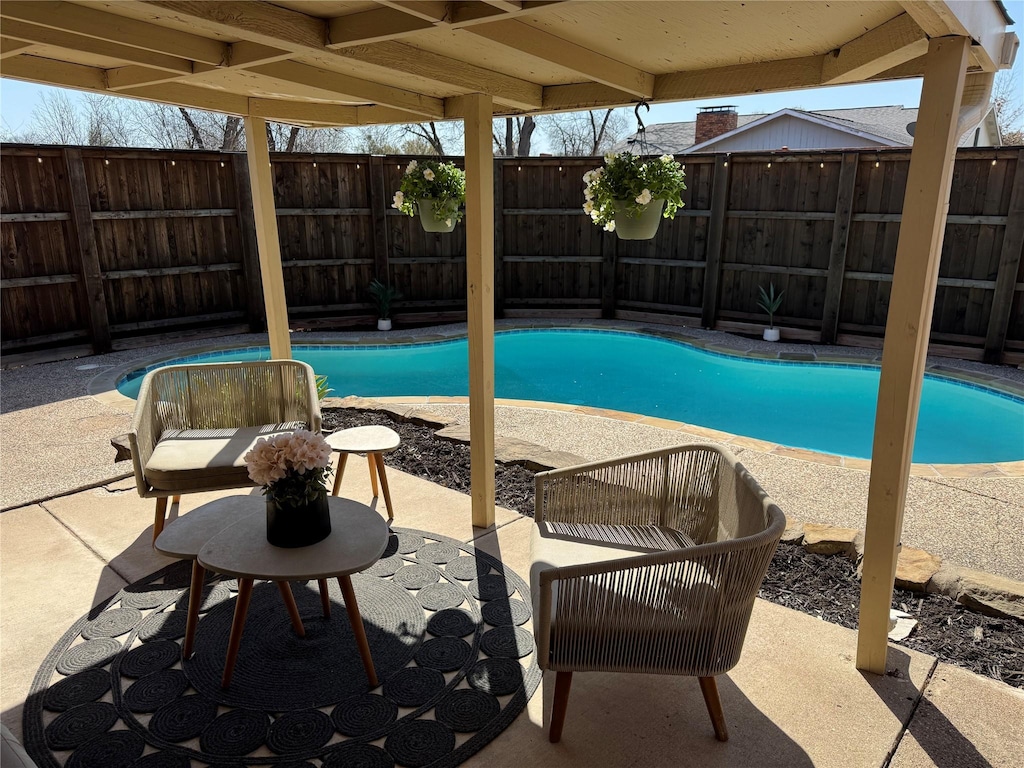 view of swimming pool featuring a fenced in pool, a patio, and a fenced backyard