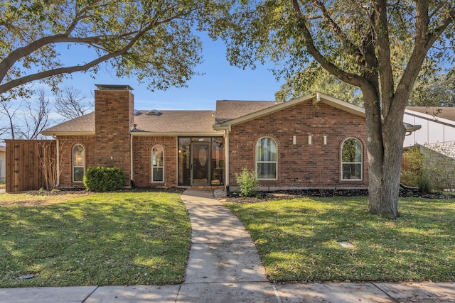 view of front of house with brick siding, a chimney, a front yard, and roof with shingles