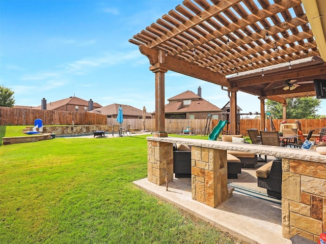 view of yard featuring a patio, a playground, a fenced backyard, and a pergola