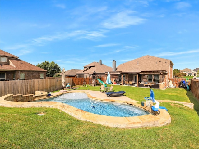 view of pool featuring a playground, a lawn, an outdoor hangout area, a patio area, and a fenced backyard