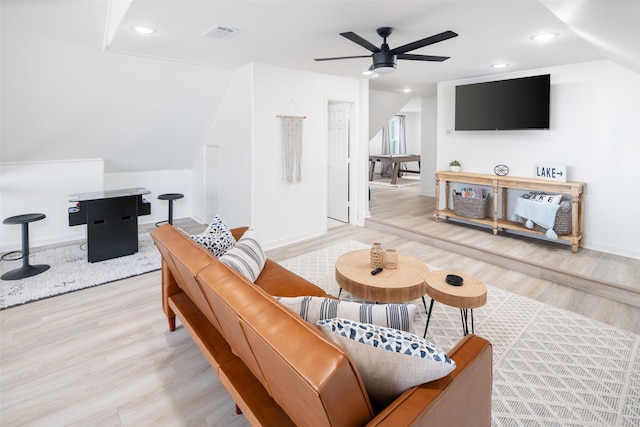 living room with ceiling fan, visible vents, wood finished floors, and recessed lighting