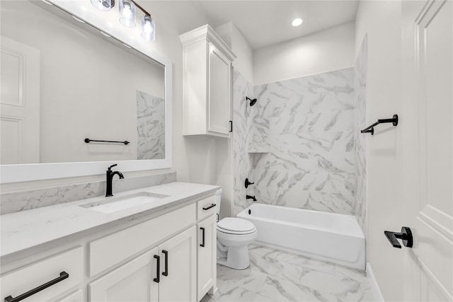 bathroom with marble finish floor, recessed lighting, toilet, tub / shower combination, and vanity