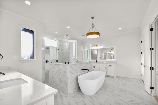 full bath with a wealth of natural light, marble finish floor, vanity, and a marble finish shower