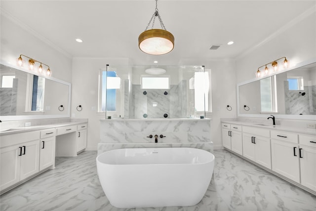 bathroom with marble finish floor, visible vents, a walk in shower, and a sink