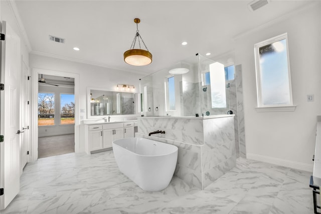 full bathroom featuring marble finish floor, ornamental molding, a marble finish shower, and visible vents