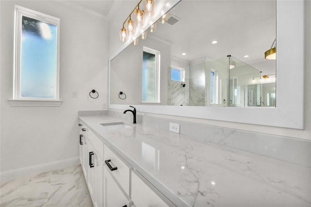 full bathroom with recessed lighting, vanity, baseboards, marble finish floor, and ornamental molding