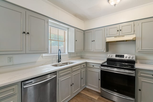 kitchen with gray cabinetry, appliances with stainless steel finishes, a sink, and under cabinet range hood