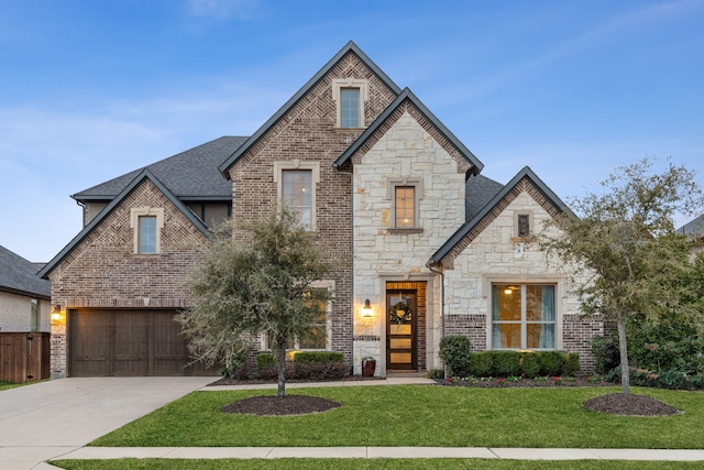 french country style house featuring brick siding, fence, concrete driveway, roof with shingles, and a front yard