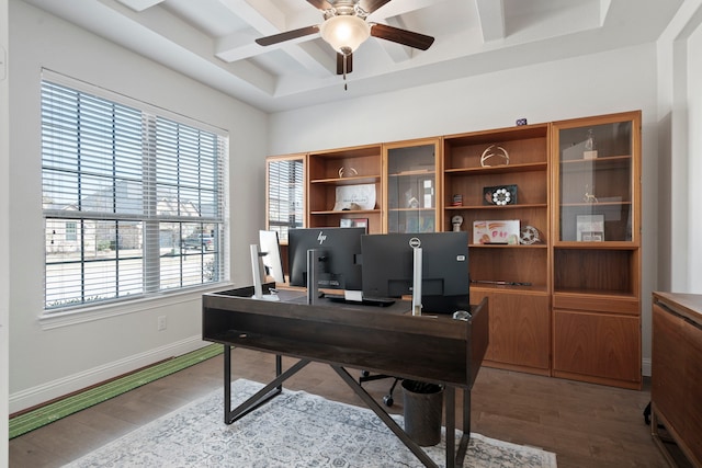 office space featuring baseboards, a ceiling fan, coffered ceiling, and wood finished floors