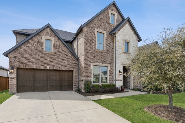 view of front of home featuring driveway, a front lawn, and brick siding