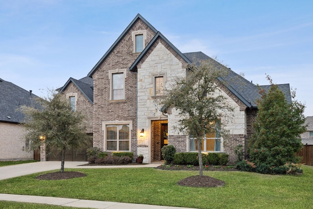 french provincial home with driveway, brick siding, a front yard, and a shingled roof