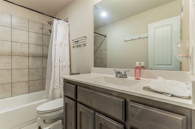 bathroom with shower / bath combination with curtain, visible vents, vanity, and toilet