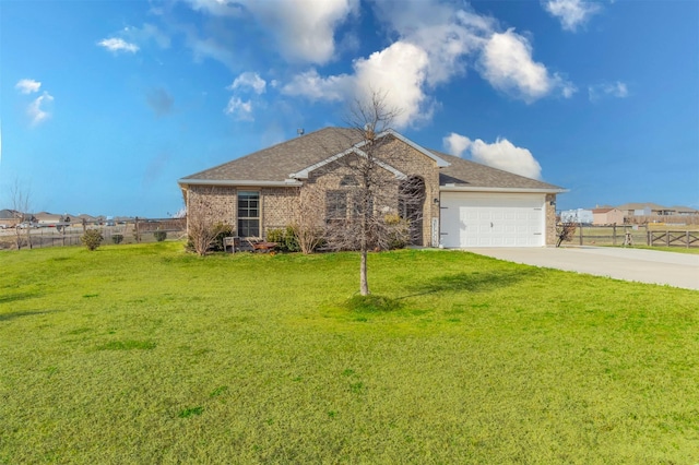 single story home featuring a garage, brick siding, fence, concrete driveway, and a front yard