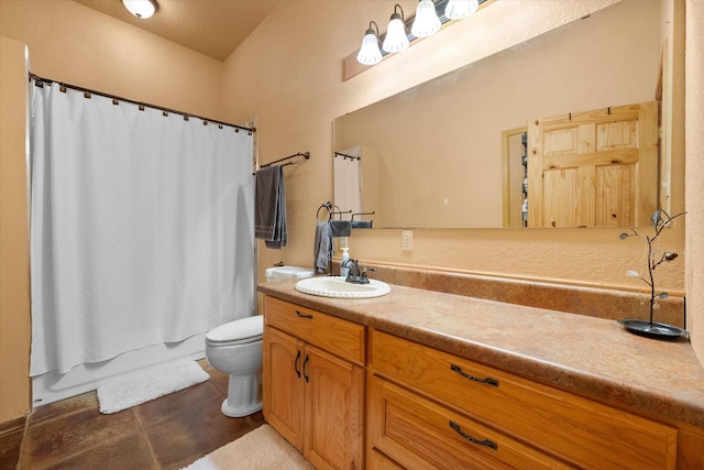 full bath featuring shower / bath combination with curtain, vanity, toilet, and tile patterned floors