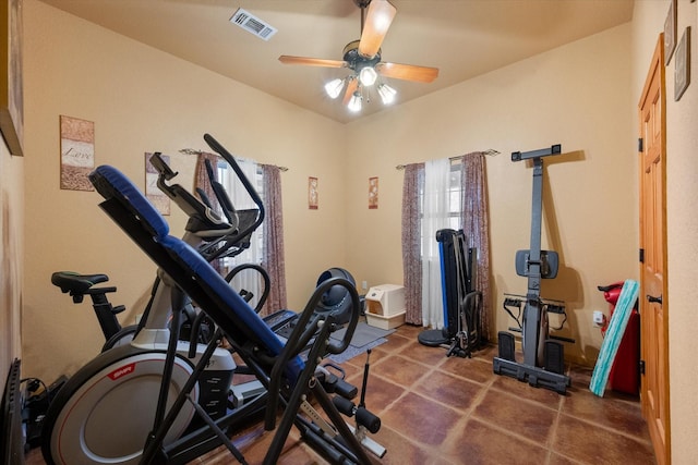 exercise area with a ceiling fan and visible vents