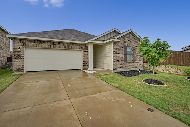 ranch-style home with a garage, driveway, brick siding, fence, and a front yard