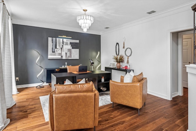 interior space with baseboards, visible vents, wood-type flooring, crown molding, and a chandelier