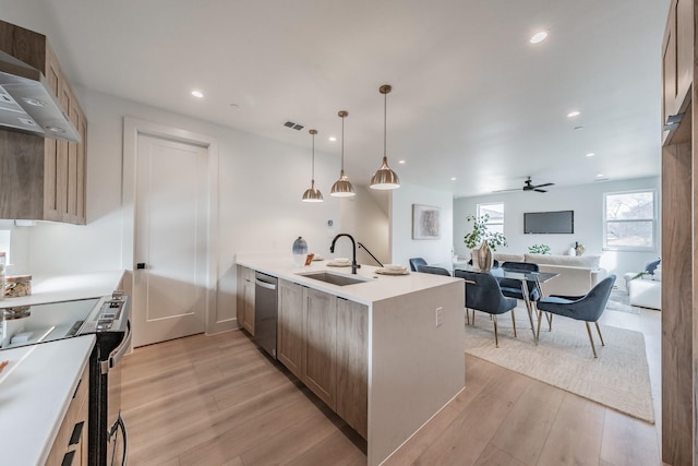 kitchen with appliances with stainless steel finishes, a peninsula, light wood-type flooring, wall chimney range hood, and a sink