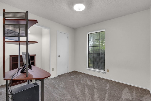 unfurnished office featuring carpet floors and a textured ceiling