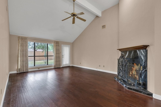 unfurnished living room featuring a fireplace, wood finished floors, visible vents, baseboards, and beam ceiling