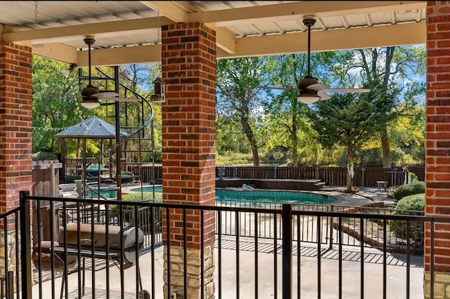12900 Fm 121, Van Alstyne, TX 75495 - view of patio / terrace featuring a ceiling fan, fence, a fenced in pool, and a gazebo