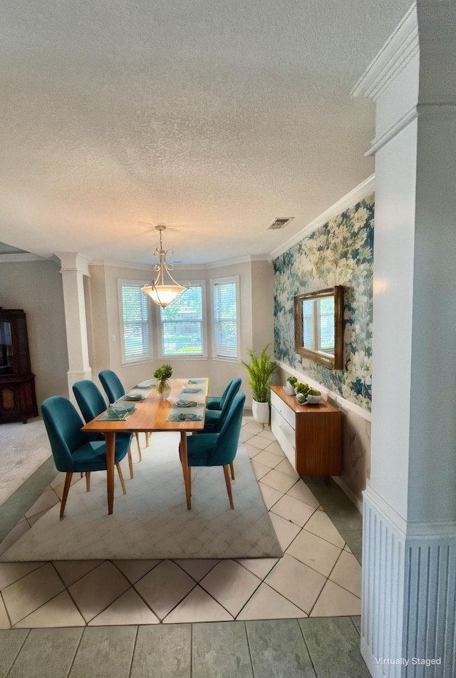 12900 Fm 121, Van Alstyne, TX 75495 - interior space with light tile patterned floors, a textured ceiling, visible vents, wallpapered walls, and crown molding
