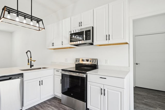 kitchen featuring white cabinetry, dark wood-style flooring, stainless steel appliances, and a sink